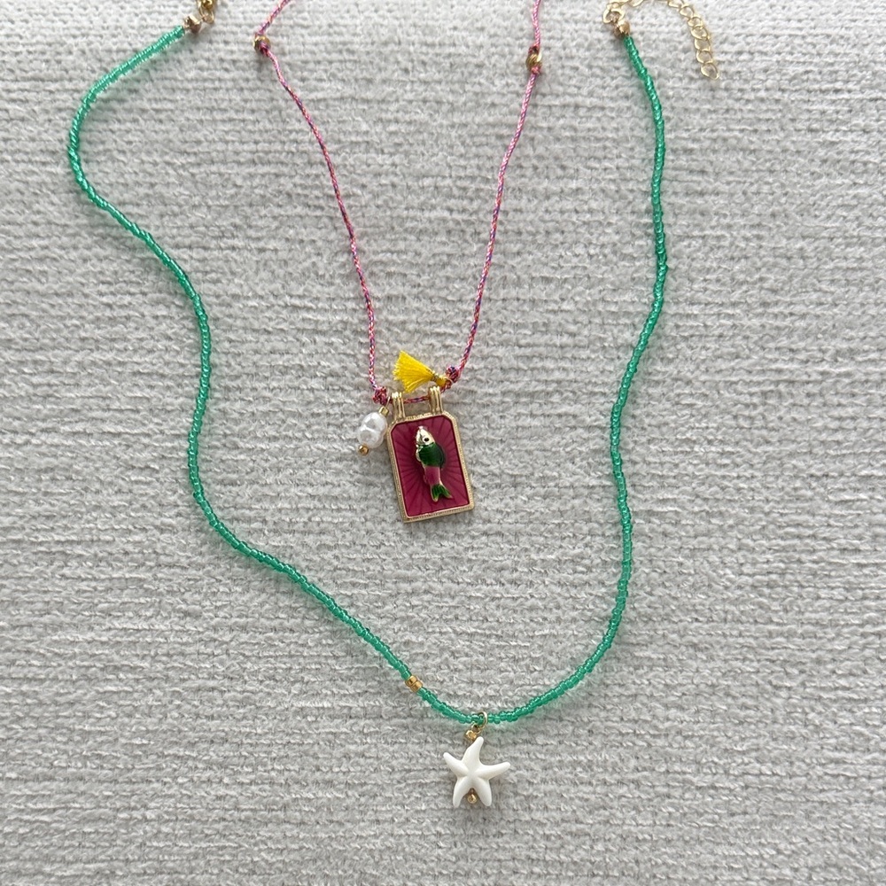 Elegant Green and Pink Beaded Necklace with Starfish Charm